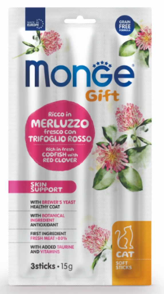 Monge Gift Cat Skin support мягкие палочки со свежей треской и красным клевером 15гр