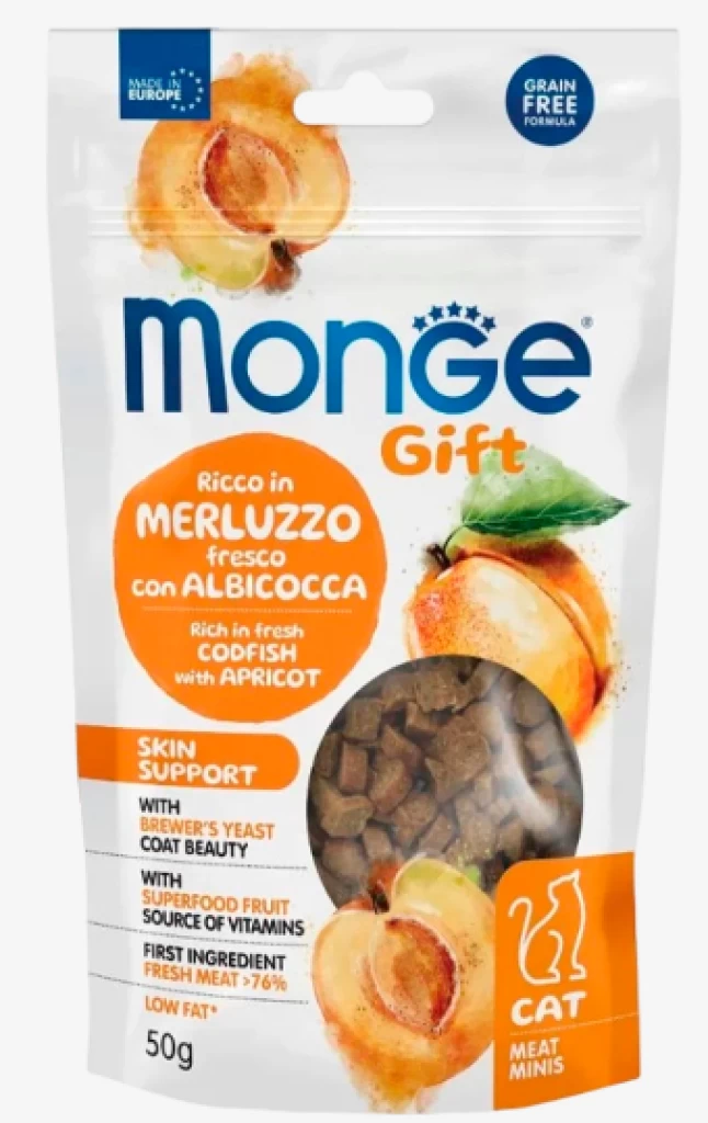 Monge Gift Cat skin support мясные кубики со свежей треской и абрикосом 50гр